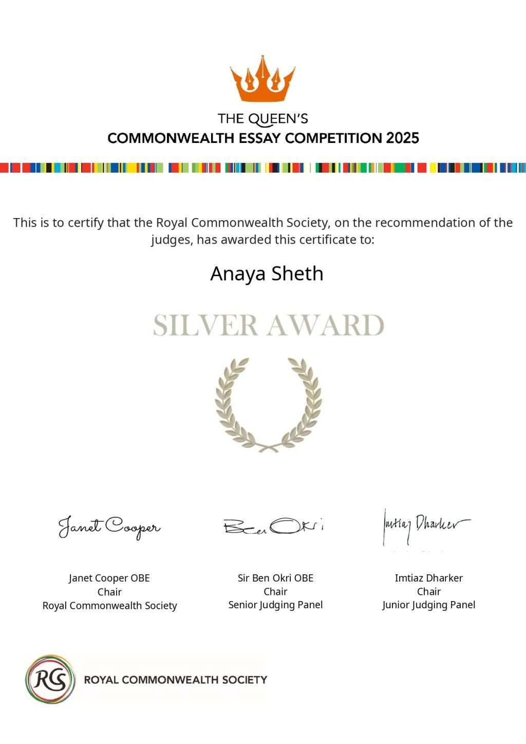 SILVER MEDAL – Queen’s Commonwealth Essay Competition&nbsp;2025