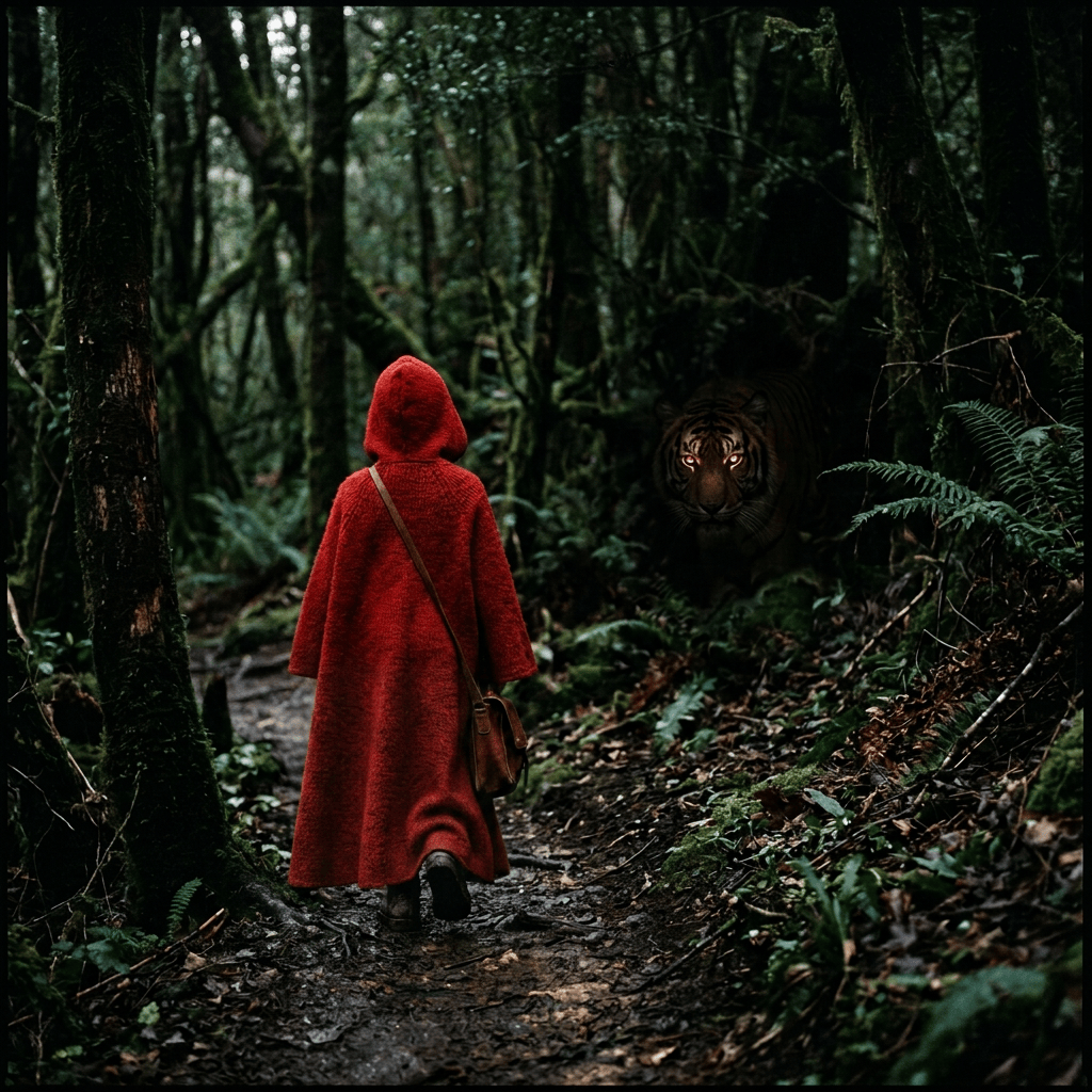 Red-hooded child facing a tiger on a forest trail
